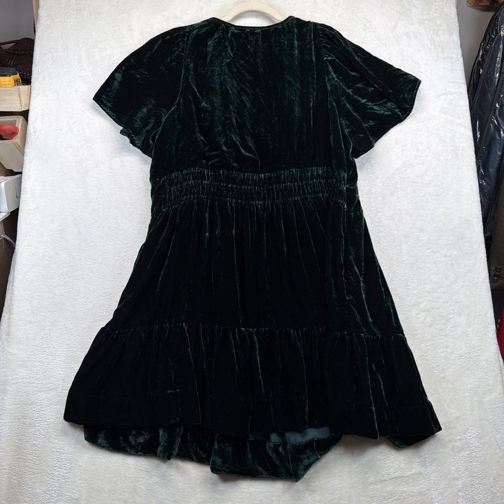 Anthropologie Women's 2X Green Velvet Mini Dress Smocked Waist Holiday Party - Picture 8 of 9